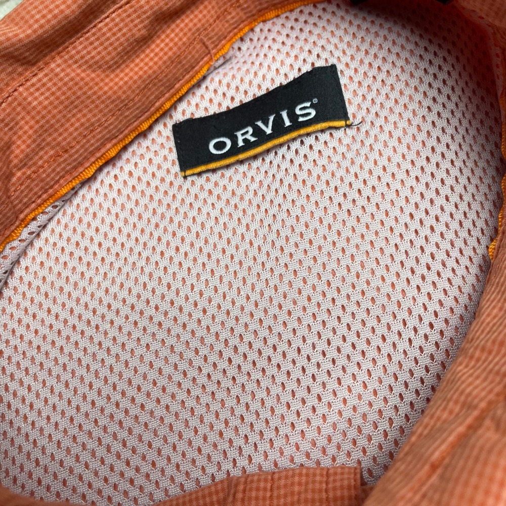 Orvis Mens Large Orange Micro Check Short Sleeve Vented Fishing Shirt Button Up - Picture 5 of 16